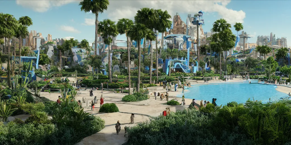 Image similar to verdant Mediterranean garden based on the design of carlo scarpa in a megacity made of travertine temples, a crowd wearing blue robes in the foreground, aztec starship in the sky, sci-fi, light blue sky with clouds, dramatic matte painting, style by syd mead, 8k, octane render, photorealistic, hyperrealism