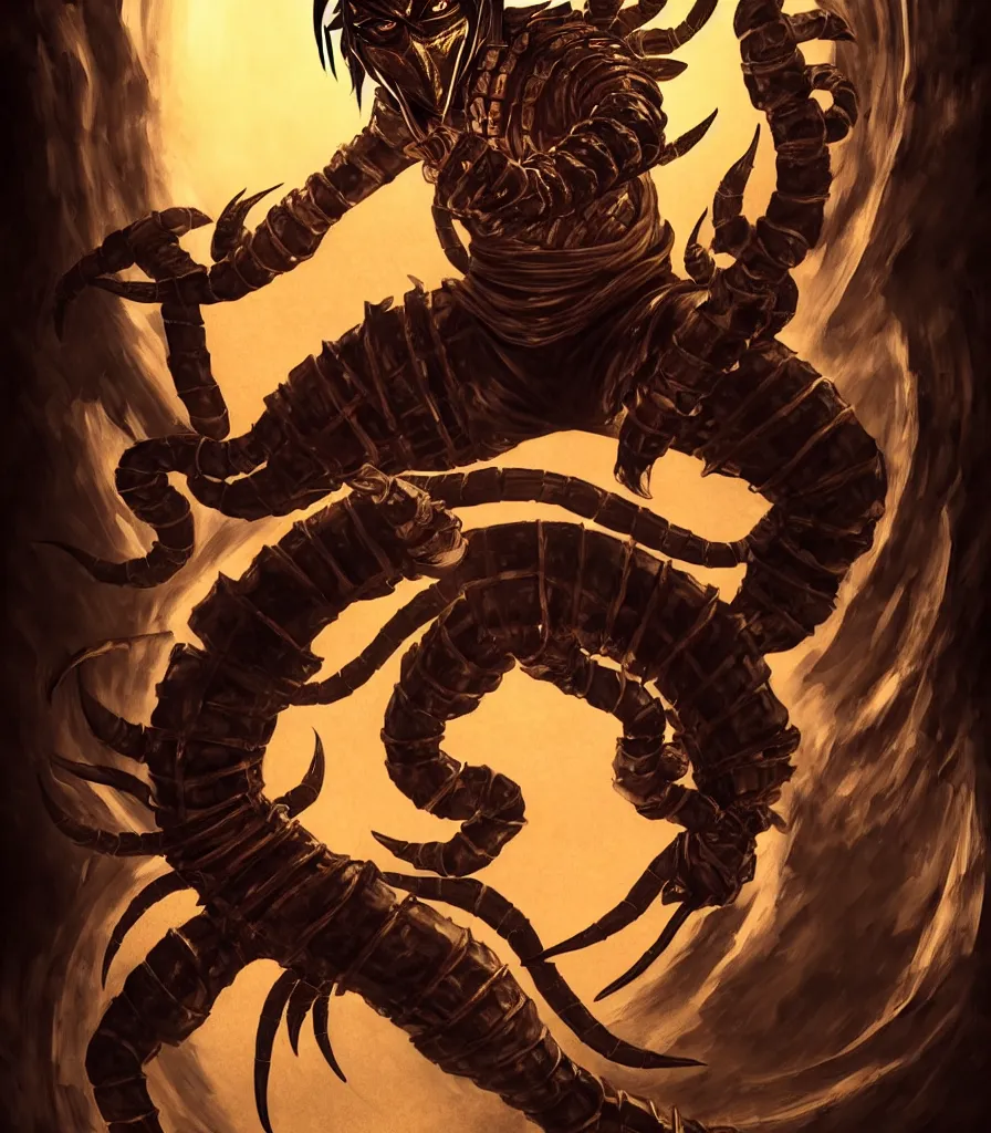 Image similar to portrait of hanzo hasashi scorpion from mortal kombat in the gates of a portal, full body shot, camera pulled back far, highly detailed dramatic lighting, artstation, atmospheric perspective, artgerm, mk ninja, epic ninja suit, intense contrast, 3 light sources, by lee bermejo, alphonse mucha and greg rutkowski