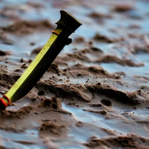 Prompt: a sword, stuck in colorful mud