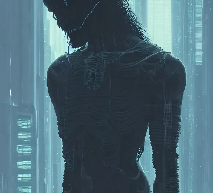 Image similar to cyberpunk skeleton jesus, noir, sharp focus, intricate, illustration, cell shaded, digital painting, highly detailed, matte, art by ilya kuvshinov, wlop, greg rutkowski, reflections, studio quality, james jean, artem demura