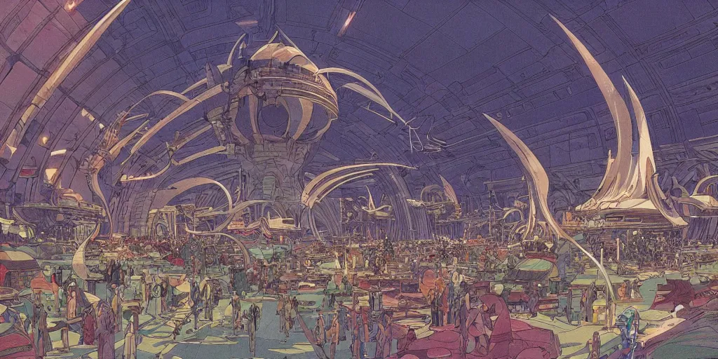 Image similar to cel shaded cinematic shot of the interior of a sci-fi space station with ornate Elven architecture bustling with people, epic castle, emerald, crystalline, detailed illustration, sharp focus, concept art by Moebius, Jean Giraud Moebius