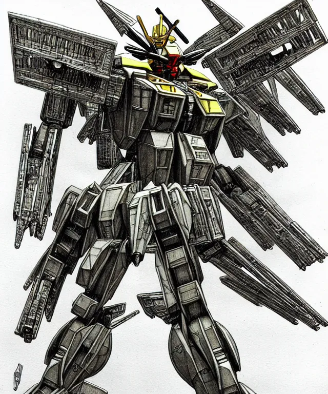 Image similar to the shrike from dan simmon's hyperion as a gundam mecha robot covered in blades, high details, masterpiece pencil sketch by mœbius