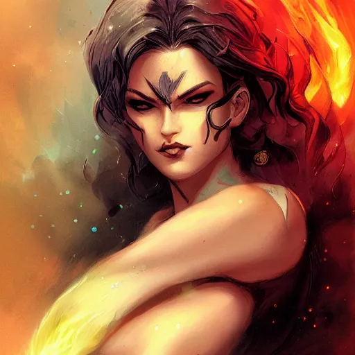 Image similar to uria, lady of searing flames, heroine, beautiful, young, minimalist, detailed close - up portrait in the style of ross tran, marte gracia, and peter mohrbacher, comic book lineart