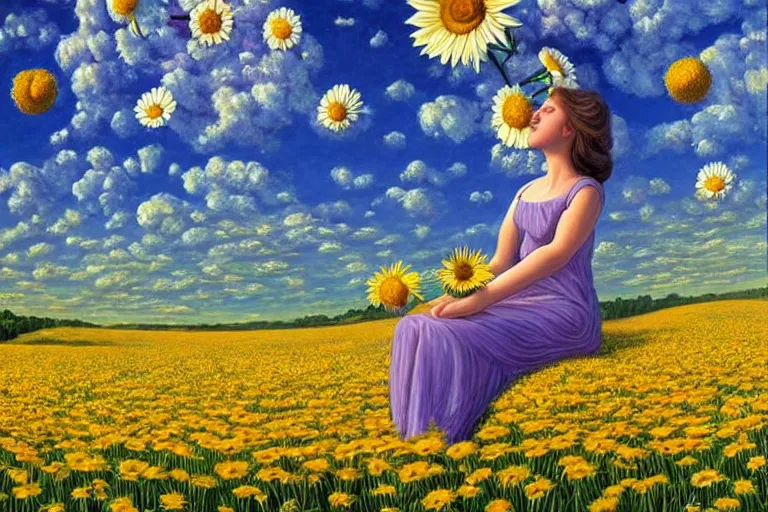 Image similar to giant daisy flower head, woman sitting, surreal, clouds in sky, impressionist painting, digital painting, artstation, rob gonsalves