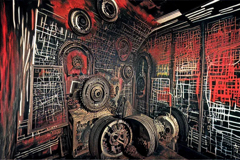 Image similar to the inside of a symmetrical hellish dungeon, mirrors and ancient gears, matte painting, 4 k, epic composition, volumetric light, abstract illusionism, by william stout, jean - michel basquiat, pour paint, modern street art, grunge wall, industrial