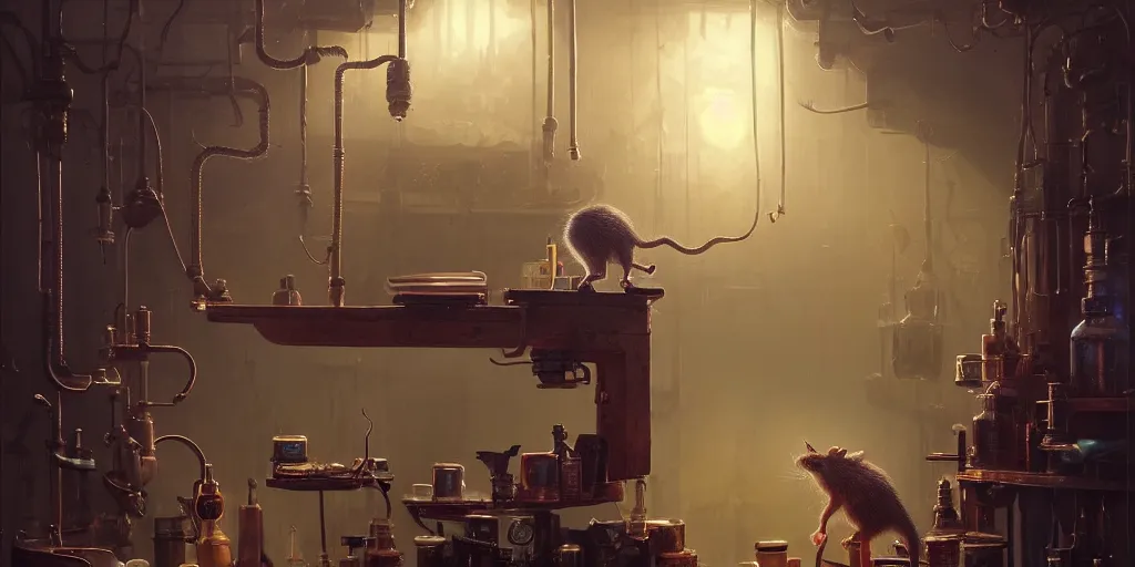 Image similar to highly realistic intricate rat standing on a desk in a laboratory with lots of flasks filled with magic liquids and poisonous fog, stephen bliss, unreal engine, fantasy art by greg rutkowski, loish, rhads, ferdinand knab, ilya kuvshinov, rossdraws, tom bagshaw, global illumination, radiant soft light, detailed and intricate environment