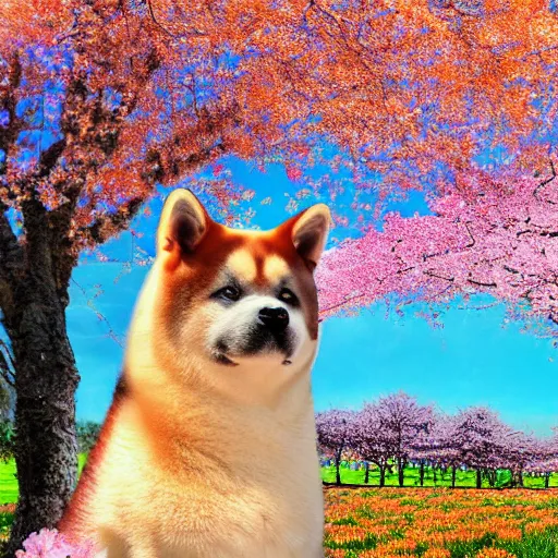 Image similar to An akita inu with a crown made of orange blossom flowers, in front of cherry blossom trees, digital art