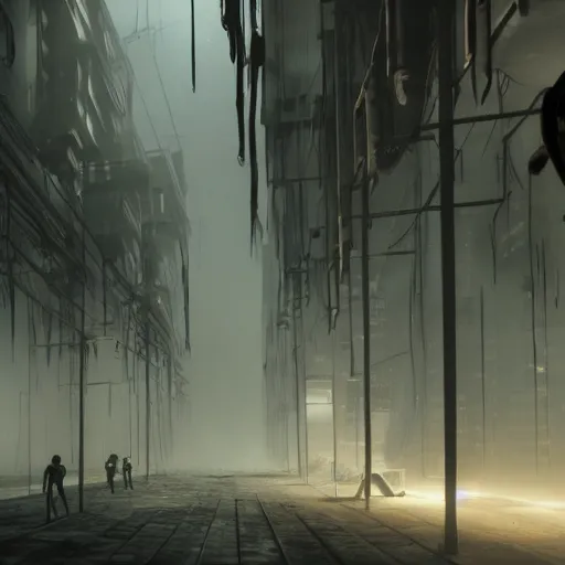 Prompt: illustration of rows of limp humans hanging like clothing in an ice box, rolling fog, cyberpunk, dystopian, dramatic lighting, unreal engine 5