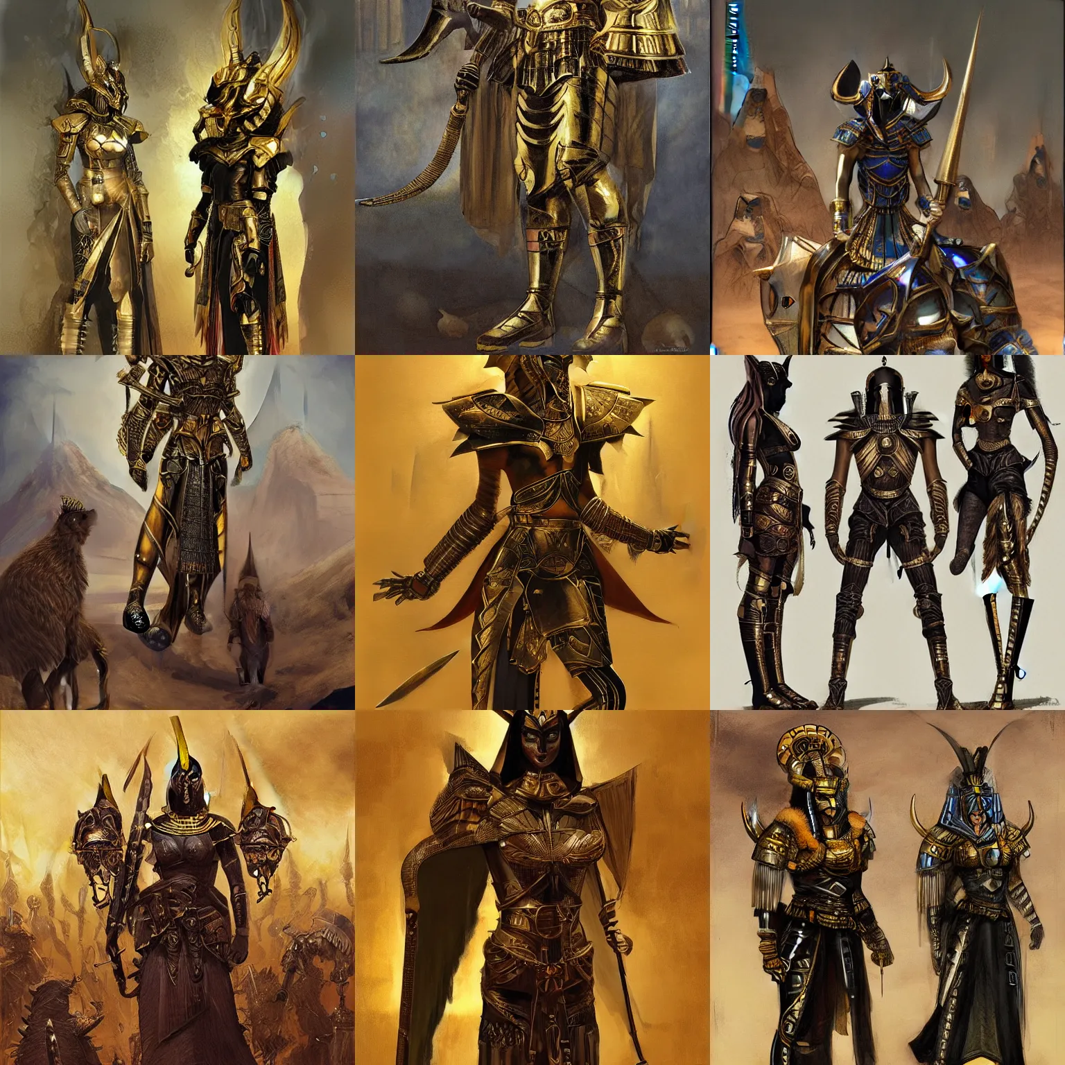Prompt: Armor of obsidian and gold for the avatar of Anubis. steampunk warrior Egyptian ritual. concept art marc simonetti, james tissot, nekro, phil hale
