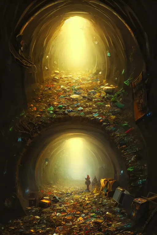 Image similar to , Tunnel made of trash, end of tunnel an image of a clean brightly lit room, fantasy, intricate, elegant, highly detailed, digital painting, artstation, woamn is curved, concept art, smooth, sharp focus, illustration, art by Ilja Repin