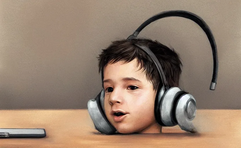 Image similar to a boy with headphones sitting on a table in a cafe with a coffee, digital art, digital painting, masterpiece, concept art, trending on deviantart, highly detailed, high quality, anatomically correct, five fingers, cinematic, high coherence, soft lighting, soft colors, beautiful, elegant, short black hair, 4 k, symmetrical, realistic and detailed face, cartoon