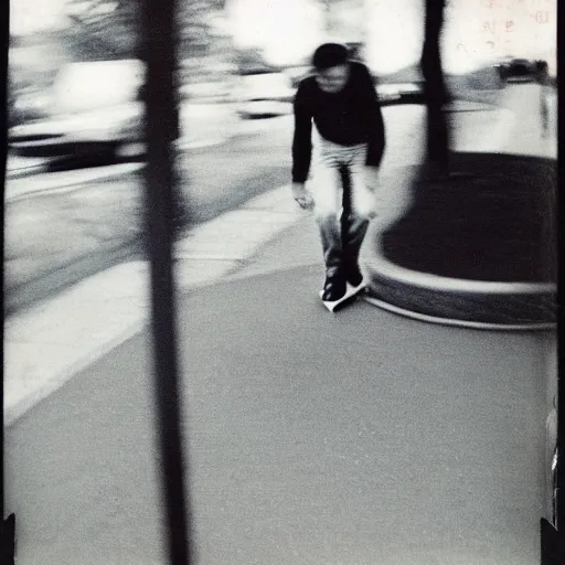 Image similar to vintage polaroid photograph of a man skating on a sidewalk, heavy motion blur