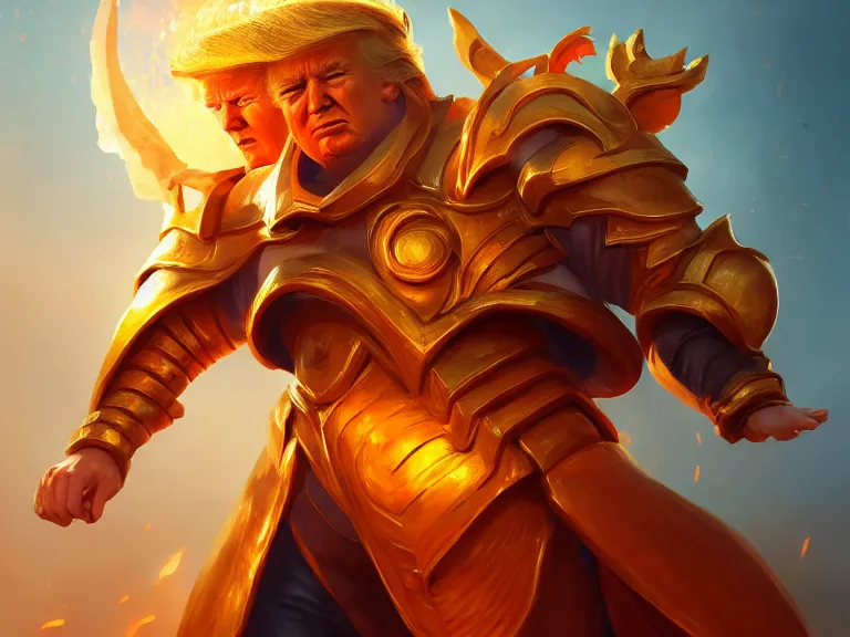 Image similar to portrait of sun emperor donald trump, flaming heavy armor and whip, rule of thirds, orange gradient, photorealistic facial features, league of legends splash art, by chengwei pan, huang guangjian, viktoria gavrilenko, artgerm, greg rutkowski, 8 k, octane, digital painting, artstation