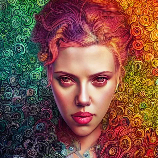 Image similar to portrait of scarlett johansson, hyper detailed masterpiece, neon floral pattern, jean giraud, digital art painting, darkwave goth aesthetic, psychedelic, artgerm, donato giancola and tom bagshaw