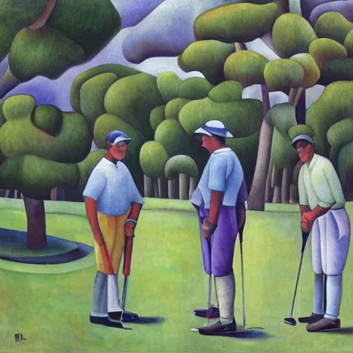 Prompt: Three golfers on a beautiful golf course, by Diego Rivera