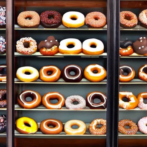 Prompt: a display case filled with lots of different types of donuts