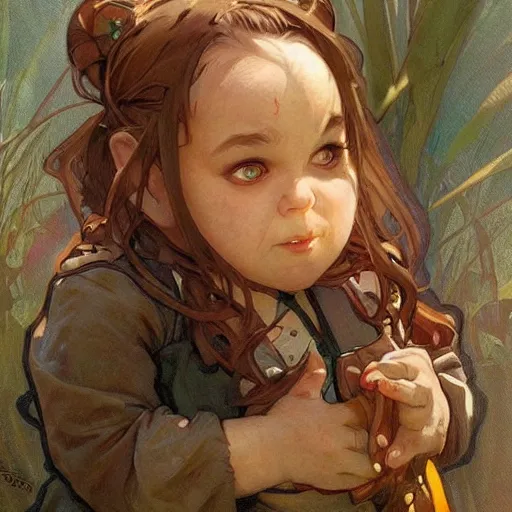 Image similar to a little cute angry dwarf. beautiful painting by artgerm and greg rutkowski and alphonse mucha