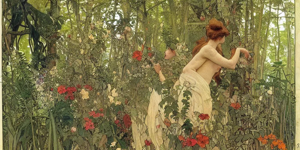 Image similar to a beautiful painting of wild animals in the woods with vines and ferns and flowers, painted by carl larsson and alphonse mucha