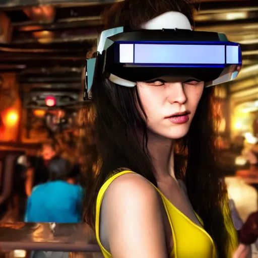 Image similar to a high quality portrait of a beautiful stunning pirate in a cyberpunk cyberpunk cyberpunk cafe wearing a VR visor, realism, 8k, award winning photo