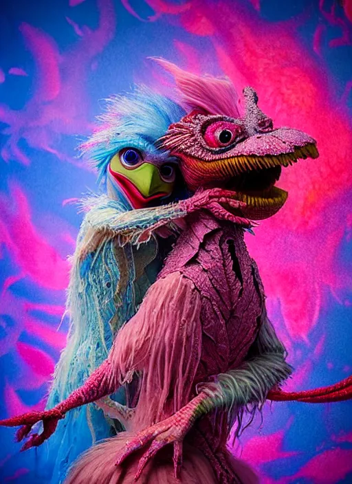 Image similar to hyper detailed 3d render like a Oil painting - kawaii portrait of two Aurora (a beautiful skeksis muppet fae princess protective playful expressive from dark crystal that looks like Anya Taylor-Joy) seen red carpet photoshoot in UVIVF posing in scaly dress to Eat of the Strangling network of yellowcake aerochrome and milky Fruit and His delicate Hands hold of gossamer polyp blossoms bring iridescent fungal flowers whose spores black the foolish stars by Jacek Yerka, Ilya Kuvshinov, Mariusz Lewandowski, Houdini algorithmic generative render, golen ratio, Abstract brush strokes, Masterpiece, Edward Hopper and James Gilleard, Zdzislaw Beksinski, Mark Ryden, Wolfgang Lettl, hints of Yayoi Kasuma and Dr. Seuss, octane render, 8k