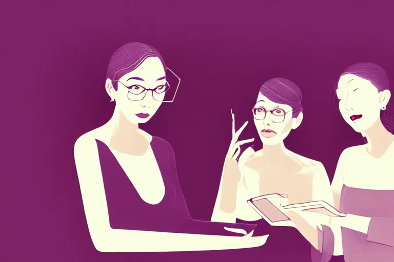 Prompt: portrait of two wise and very beautiful women discussing some texts appearing in a computer screen, art by shaft studio, intricate, elegant, highly detailed, smooth, sharp focus, artstation
