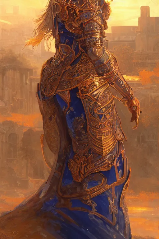 Image similar to portrait knights of Zodiac girl, metalic orange and dark blue reflected armor, in ruined Agora of Athens sunrise, ssci-fi, fantasy, intricate, very very beautiful, elegant, golden light, highly detailed, digital painting, artstation, concept art, smooth, sharp focus, illustration, art by tian zi and WLOP and alphonse mucha