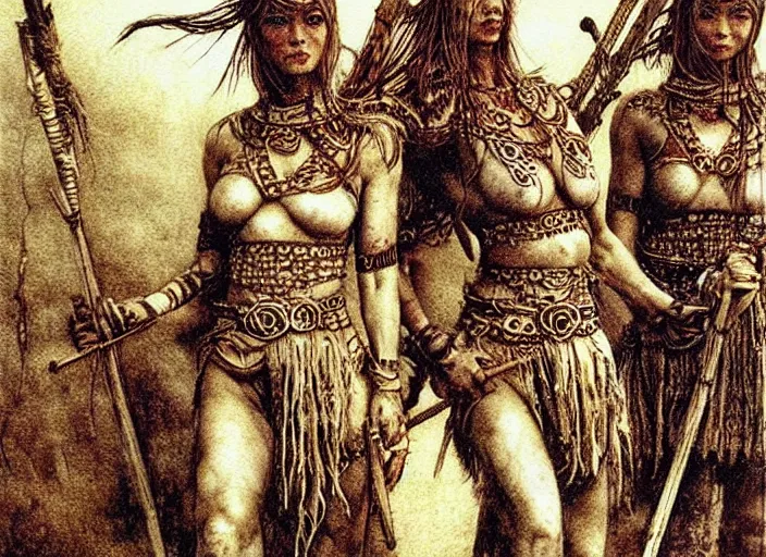 Image similar to young muscular turkic female warriors in tribal painting by Beksinski, Luis Royo, Arthur Rackham