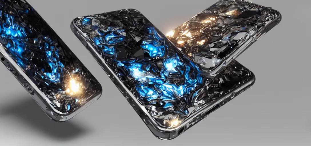 Image similar to wide angle shot of an iphone melted with a diamond, hd, volumetric lighting, 4 k, intricate detail, by jesper ejsing, craig mullins