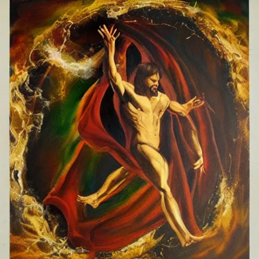Prompt: a clothed demonic dancer attempts to recreate the birth of the universe through pure movement, expressionistic masterpiece painting, beautiful brush strokes, advanced lighting technology, realistic faces and anatomy yet stylized
