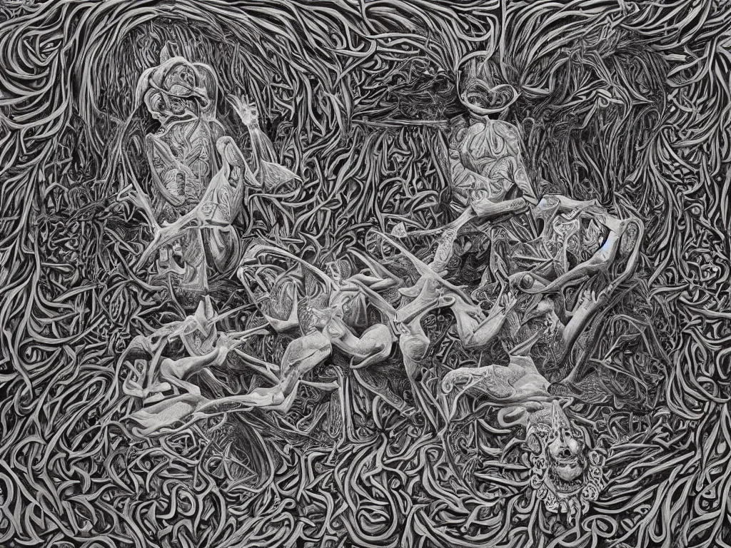 Image similar to meditation on death by Alex Grey and M. C. Escher collaboration