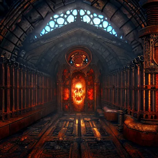 Image similar to steam necropolis, memento mori, gothic, neo - gothic, art nouveau, hyperdetailed copper patina medieval icon, stefan morrell, philippe druillet, ralph mcquarrie, concept art, steampunk, unreal engine, detailed intricate environment, octane render, moody atmospherics, volumetric lighting, ultrasharp, ominous, otherworldly