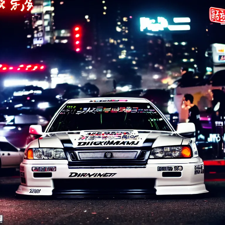 Image similar to a car JZX90 twin turbo drift at illegal car meet, Shibuya prefecture, city midnight mist lights, cinematic lighting, photorealistic, highly detailed wheels, high detail