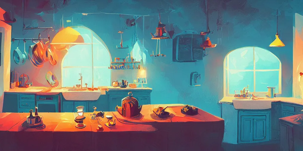 Prompt: epic illustration fisheye lens of a kitchen dim lit by 1 candle in a scenic environment by Anton Fadeev