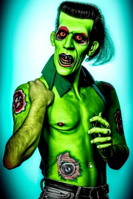 Prompt: Portrait of a young man as a rockabilly Frankenstein's Monster. Rock star Frankenstein. Green-skinned man with blue eyes and striking features. Modeling photography, mood lighting, detailed