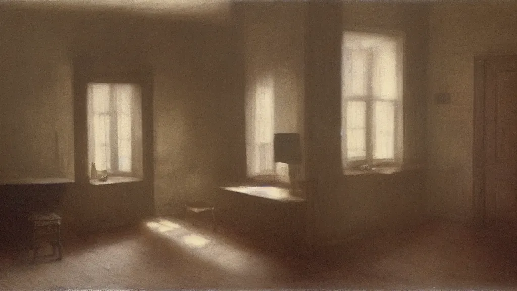 Image similar to in a very old house, an opened drawer in a chest, full of memories and little things, painted by vilhelm hammershoi, interior design, rays of light, melancholy