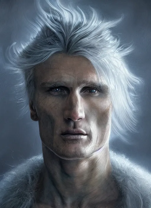 Image similar to Portrait of Dolph Lundgren, white glowing eyes, silver shaggy hair, cloak, ethereal wings, male, fantasy, extremely detailed, digital painting, artstation, concept art, smooth, sharp focus, illustration, stunning lighting, art by artgerm and greg rutkowski and alphonse mucha and simon stalenhag, realistic character concept, high fantasy, light atmosphere, golden ratio, cinematic lighting, hyperdetailed, high resolution, insanely detailed and intricate, artstation, Marc Simonetti, Greg Rutkowski, 8k