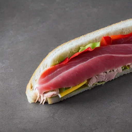 Prompt: a submarine sandwich containing one hundred percent real tuna, many fish inside the sandwich, fish, gills, meat