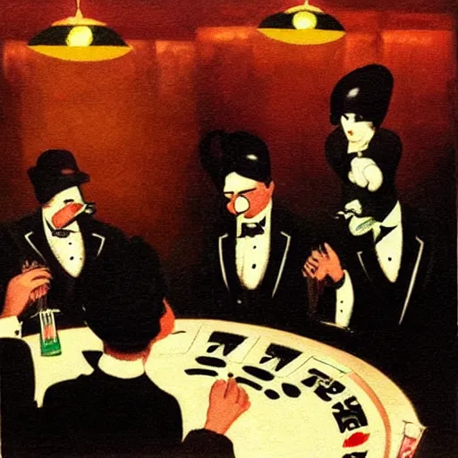 Prompt: fat cats gambling at a table with a single light overhead, dark room, smoke fills the room, roaring 2 0 s american art style