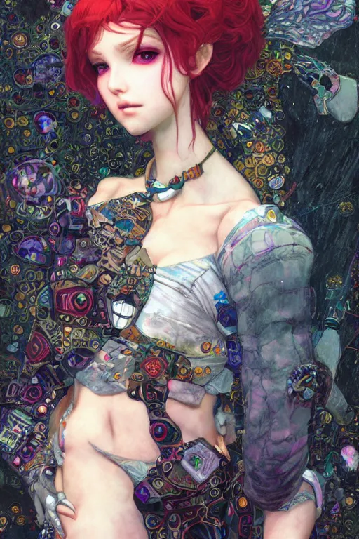 Image similar to portrait of beautiful young fairy, cyberpunk, Warhammer, highly detailed, artstation, illustration, art by Gustav Klimt and Range Murata and Ilya Kuvshinov and Sakimichan