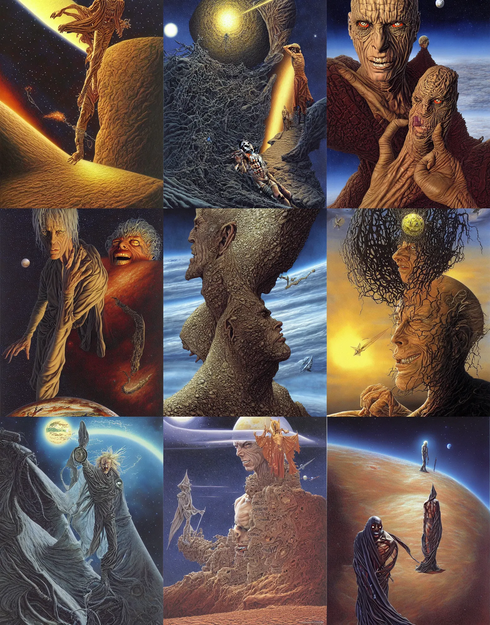 Prompt: peter elson painting of highly detailed sandman the ruler of dreams and nightmares in the dreamscape realm