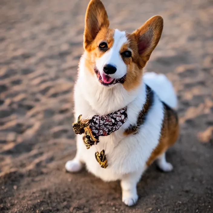 Prompt: a beautiful portrait of a cute Corgi, beautiful detailed eyes, golden hour, standing on a beach, outdoors, professional award winning portrait photography, Zeiss 150mm f/ 2.8 Hasselblad