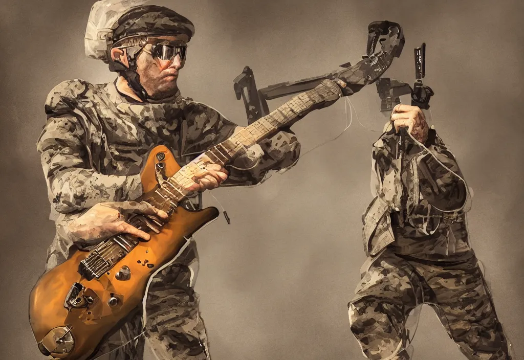 Image similar to major degtyarev from the game stalker plays an electric guitar, 8 k, sharp focus, extremly detailed, digital painting, smooth, illustration