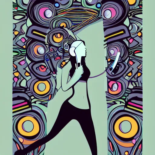 Image similar to a beautiful illustration of a woman in with headphones dancing by jason brooks, hed kandi, adobe illustrator
