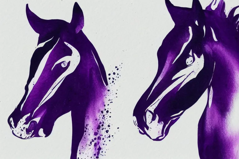 Image similar to bautiful serene horse, healing through motion, minimalistic purpble ink aribrush painting on white background