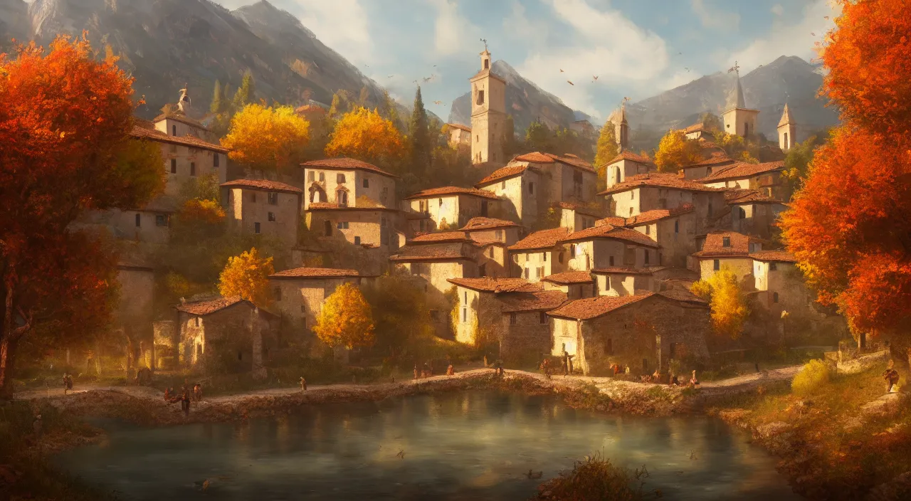 Image similar to high quality concept art from a historical fiction video game set in italy, a village in autumn, beautiful oil painting, concept art, trending on ArtStation, 4K HD, 35mm f/5.0