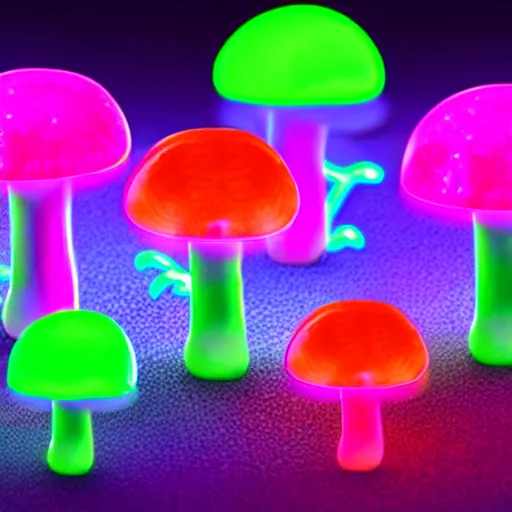 Image similar to glowing neon mushrooms and blue frogs with glowing eggs, hyper realistic