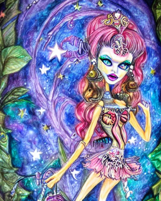 Image similar to josephine wall watercolor pencil drawing of a monster high doll fullmoon, stars, sigils and doodles around her