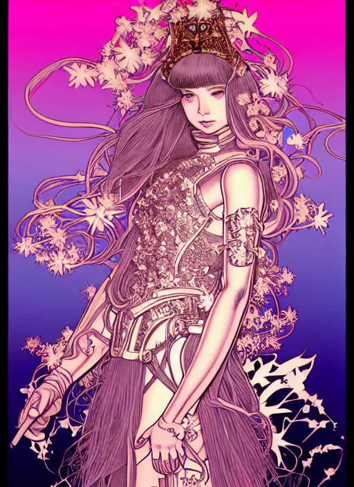 Image similar to highly detailed terada katsuya artgerm artstation s minaba hideo manga poster of princess mechine, long hair, armor, dress, laces, ruffles, 8 k, maximalist, hinny fluorescent gradient reflection, jump comics, tomer hanuka, alphonse mucha