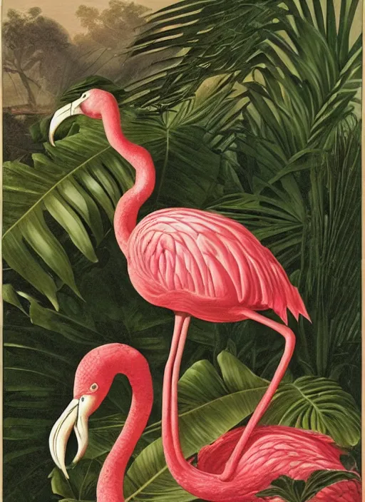 Prompt: python wrapped around a flamingo, tropical plants, botanical, biology, artist john audubon