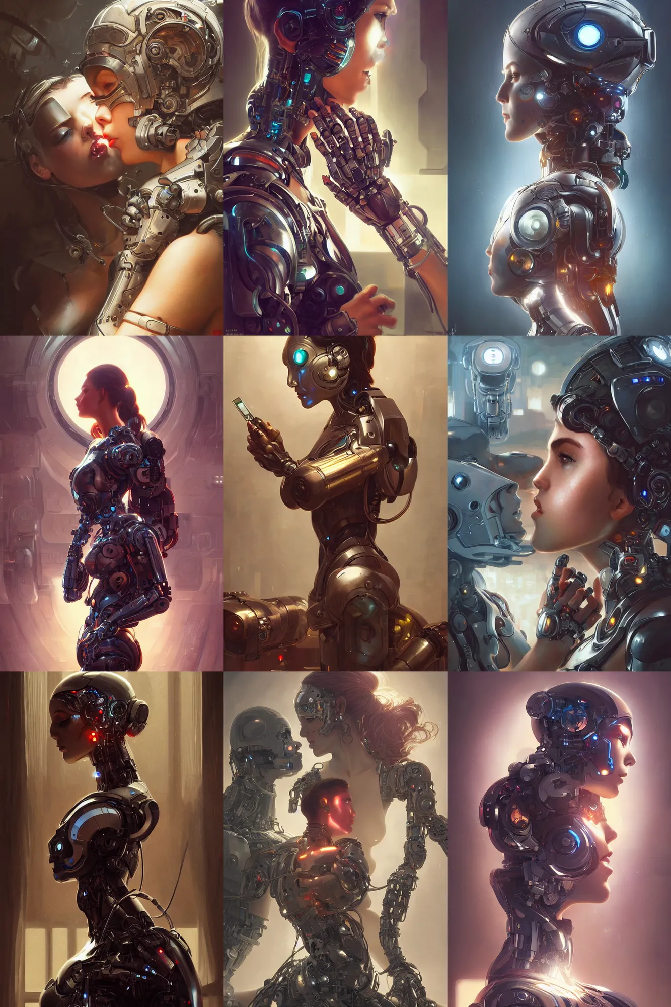 Prompt: Ultra realistic illustration,cyborg woman kissing a robot, cyberpunk, sci-fi, fantasy, intricate, elegant, highly detailed, digital painting, artstation, concept art, smooth, sharp focus, illustration, art by artgerm and greg rutkowski and alphonse mucha